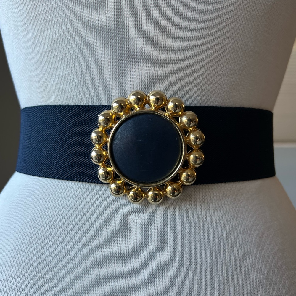 Vintage 1980s Dark Navy Blue Stretch Belt – Gold Buckle - Picture 7 of 7